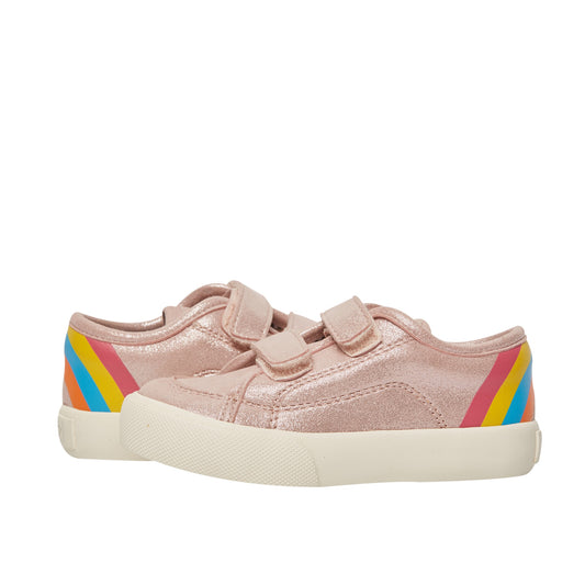 Pink double hook and loop with a rainbow at the heel.  Perfect for the playground to the classroom